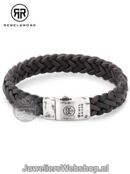 rr-l0075-s-l rebel&rose armband zwart met bruin leer